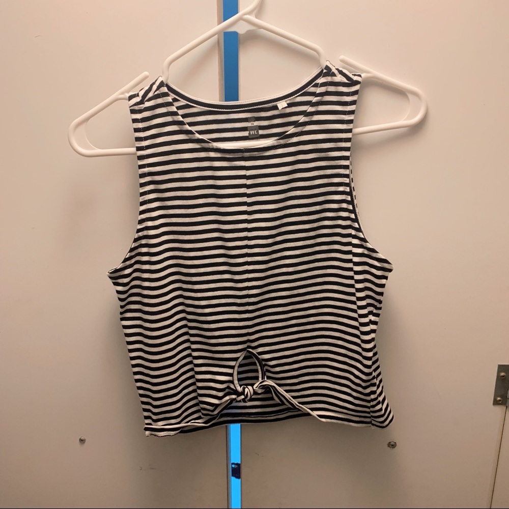 striped t shirt with tie on bottom